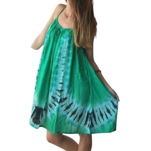 NWT Handmade Bohemian Beach Green Blue Tie Dye Flow Dress Women's Small-2X